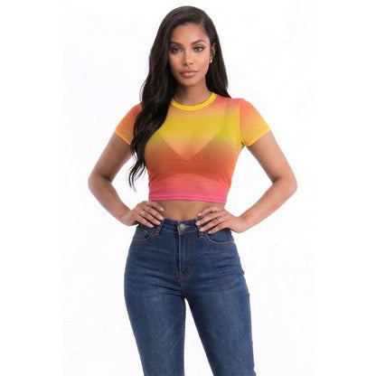 Mesh Crop Tee in Fuchsia & Yellow Tie Dye