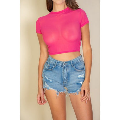 Mesh Crop Tee in Fuchsia