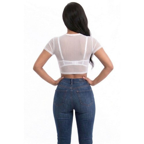 Mesh Crop Tee in Black in White