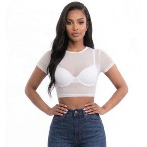 BT2847 Mesh Crop Tee in White