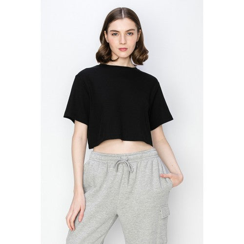 TL354-1 Cropped Oversized Thermal Jersey in Black