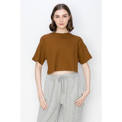 TL354-1 Cropped Oversized Thermal Jersey in Brown