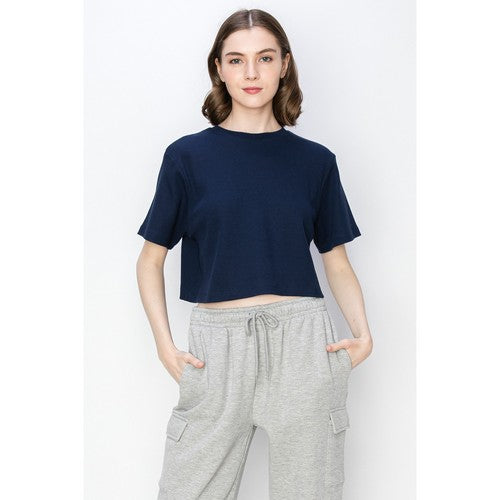Cropped Oversized Thermal Jersey in Navy