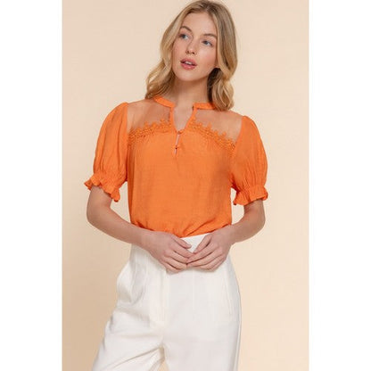 Puff Sleeve Lace Detail Blouse in Orange