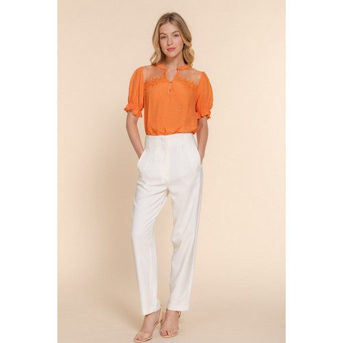 Puff Sleeve Lace Detail Blouse in Orange
