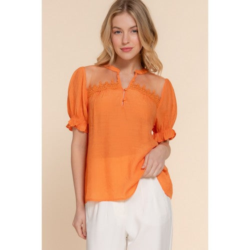T13854 Puff Sleeve Lace Detail Blouse in Orange