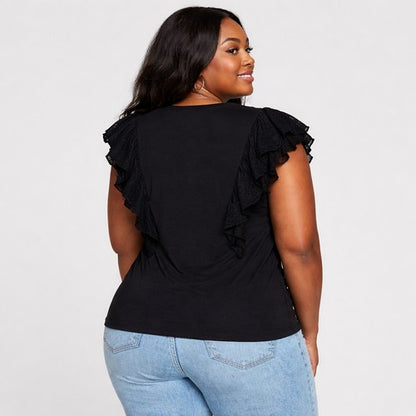 Plus Size Embroidered Ruffle Sleeve Dressy Tee in Black