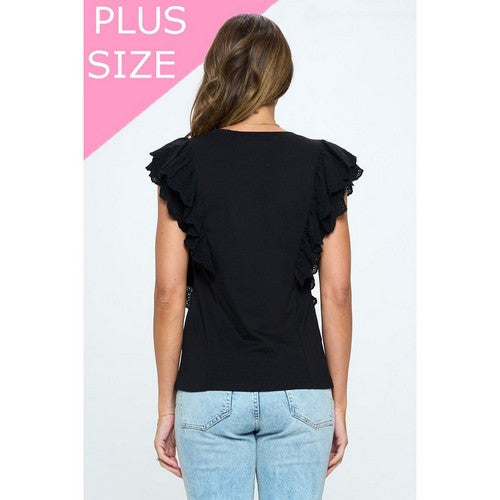 Plus Size Embroidered Ruffle Sleeve Dressy Tee in Black
