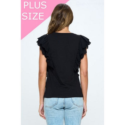 Plus Size Embroidered Ruffle Sleeve Dressy Tee in Black