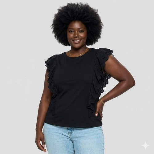 Plus Size Embroidered Ruffle Sleeve Dressy Tee in Black