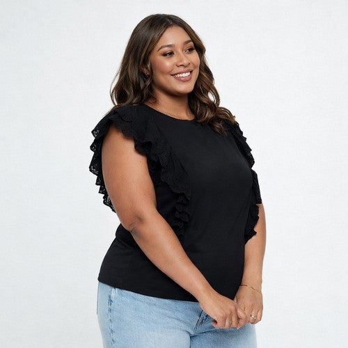 Plus Size Embroidered Ruffle Sleeve Dressy Tee in Black