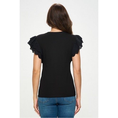 Embroidered Ruffle Sleeve Dressy Tee in Black