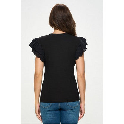Embroidered Ruffle Sleeve Dressy Tee in Black