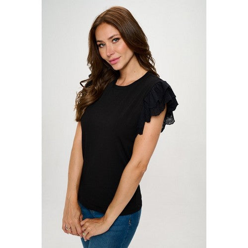 Embroidered Ruffle Sleeve Dressy Tee in Black