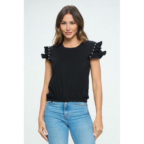 Ruffle Pearl Sleeve Dressy Tee in Black