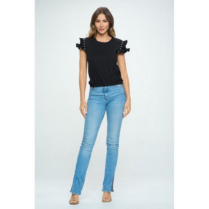 Ruffle Pearl Sleeve Dressy Tee in Black