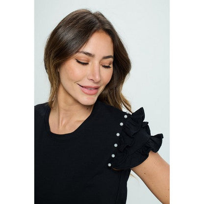 X255 Ruffle Pearl Sleeve Dressy Tee in Black