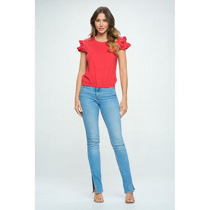 Ruffle Pearl Sleeve Dressy Tee in Red