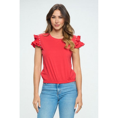 X255 Ruffle Pearl Sleeve Dressy Tee in Red