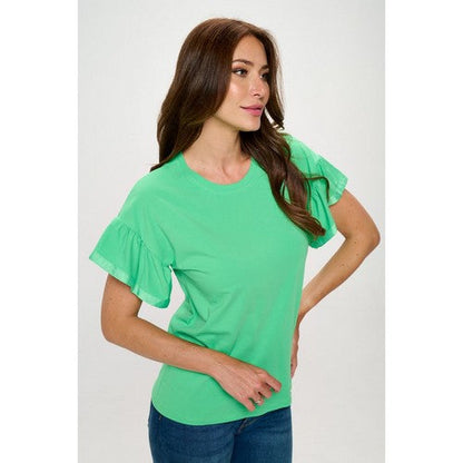Grosgrain Edge Ruffle Sleeve Dressy Tee in Green
