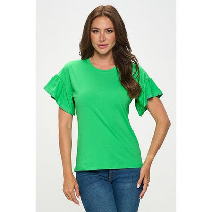 X265 Satin Edge Ruffle Sleeve Dressy Tee in Green