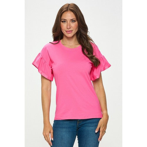 X265 Satin Edge Ruffle Sleeve Dressy Tee in Pink