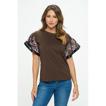 Plus Size Grosgrain Edge Ruffle Sleeve Dressy Tee in Brown Leopard