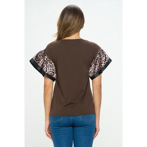 Plus Size Grosgrain Edge Ruffle Sleeve Dressy Tee in Brown Leopard