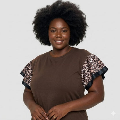 Plus Size Grosgrain Edge Ruffle Sleeve Dressy Tee in Brown Leopard