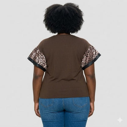 Plus Size Grosgrain Edge Ruffle Sleeve Dressy Tee in Brown Leopard