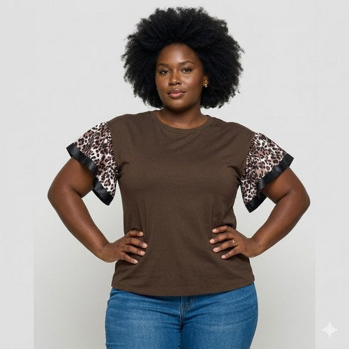 Plus Size Grosgrain Edge Ruffle Sleeve Dressy Tee in Brown Leopard