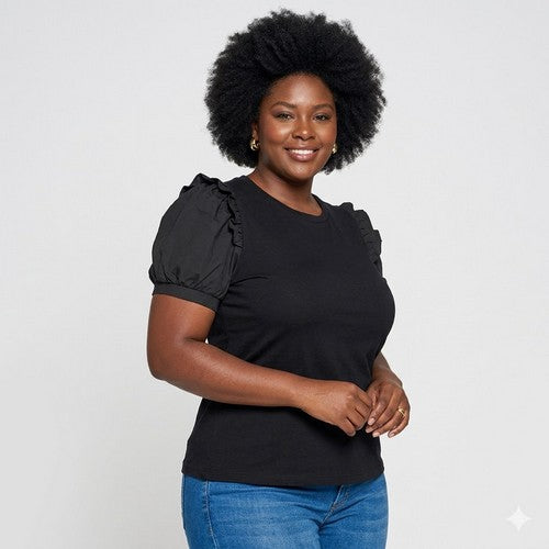 Plus Size Frill Shoulder Dressy Tee in Black