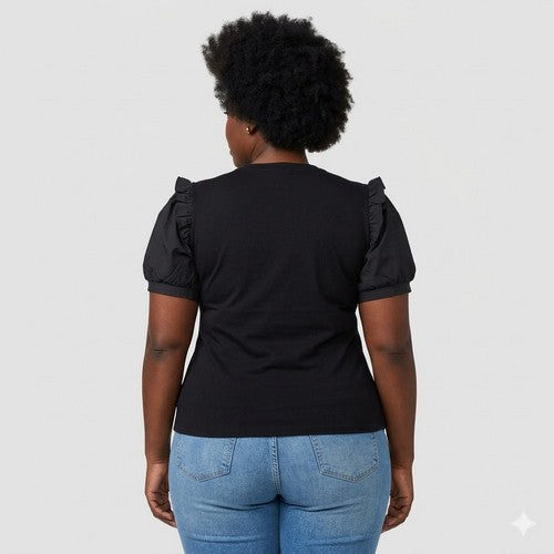 Plus Size Frill Shoulder Dressy Tee in Black