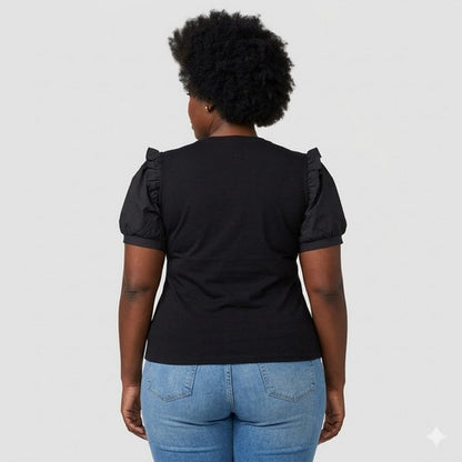 Plus Size Frill Shoulder Dressy Tee in Black