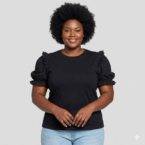 Plus Size Frill Shoulder Dressy Tee in Black