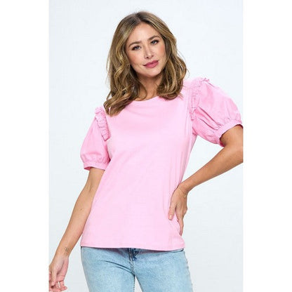 Plus Size Frill Shoulder Dressy Tee in Pink