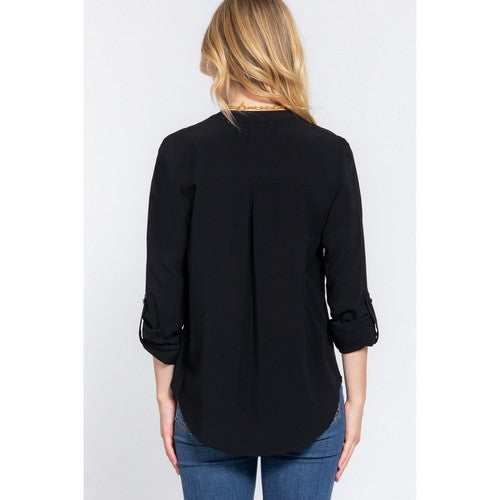 Split Neck Roll Sleeve Shirt in Black