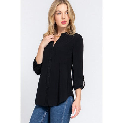 Split Neck Roll Sleeve Shirt in Black