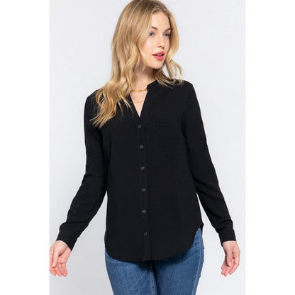 T13956 Split Neck Roll Sleeve Shirt in Black
