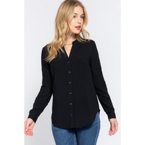 T13956 Split Neck Roll Sleeve Shirt in Black