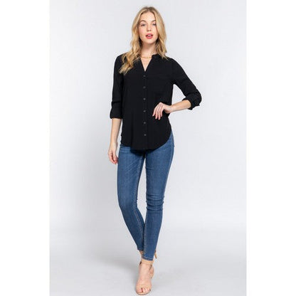 Split Neck Roll Sleeve Shirt in Black