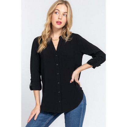 Split Neck Roll Sleeve Shirt in Black
