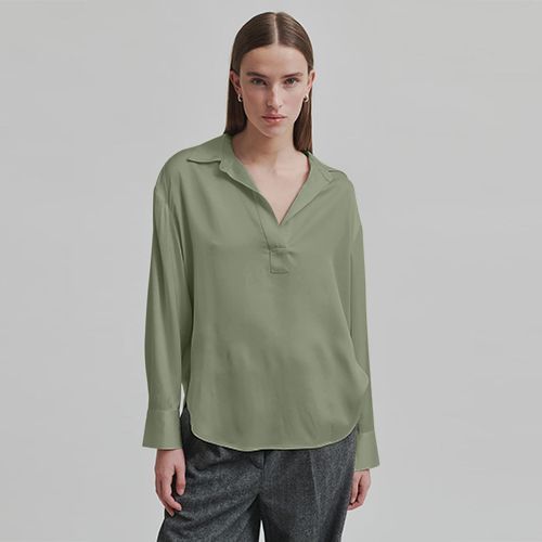 Satin Balloon Sleeve Blouse in Army Green