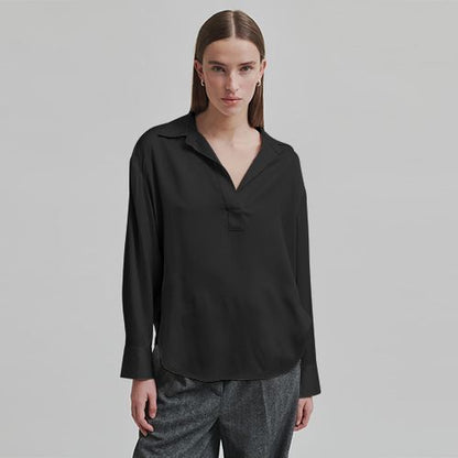 Satin Balloon Sleeve Blouse in Black