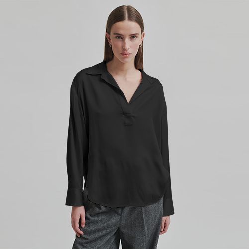 Satin Balloon Sleeve Blouse in Black