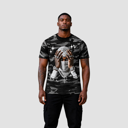 Masked Man Graphic Tee in Grey Camo
