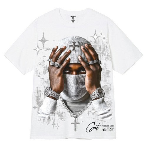 A107(Glitter) Masked Man Graphic Tee in White