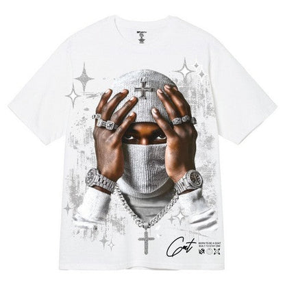 A107(Glitter) Masked Man Graphic Tee in White