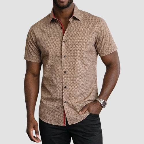 American Breed Short Sleeve Print Shirt in Tan Brown