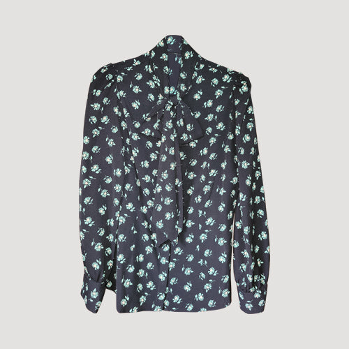 Pussy Bow Crepe Shirt in Black & Green Floral Print
